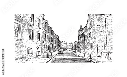 Print Building view with landmark of Stirling is the city in UK. Hand drawn sketch illustration in vector.