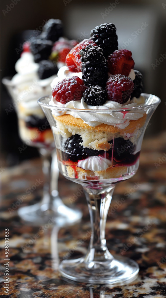Berries and cream parfaits with vanilla sponge, whipped cream, and mixed berries in elegant glass cups Berries and cream parfaits with vanilla sponge, whipped cream, and mixed berries in elegant glass cups
