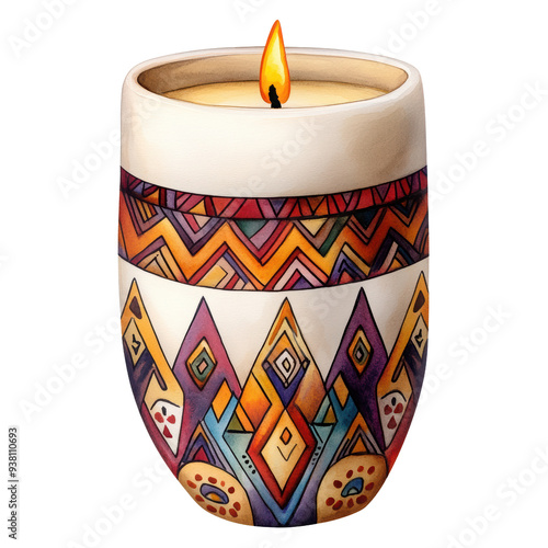 Colorful artisan candle with a patterned design, creating a warm ambiance and inviting atmosphere for any space. photo