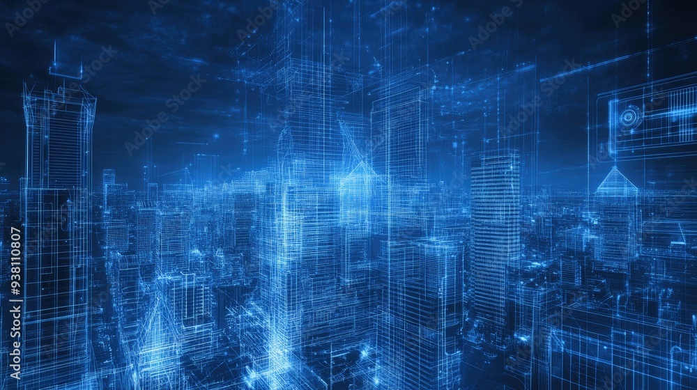 Futuristic cityscape with digital blueprints overlay Futuristic cityscape with digital blueprints overlay