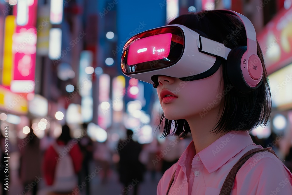 Woman Wearing Futuristic VR Headset in a Busy Urban Setting Highlighting the Fusion of Technology and City Life Woman Wearing Futuristic VR Headset in a Busy Urban Setting Highlighting the Fusion of Technology and City Life
