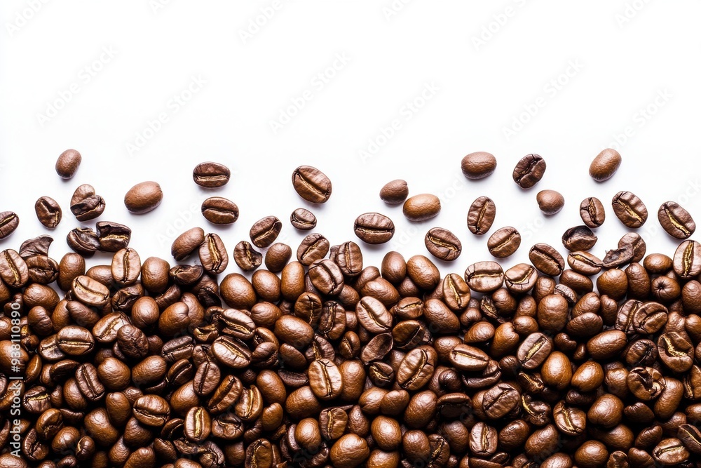 Obraz premium Fresh coffee beans scattered on white background