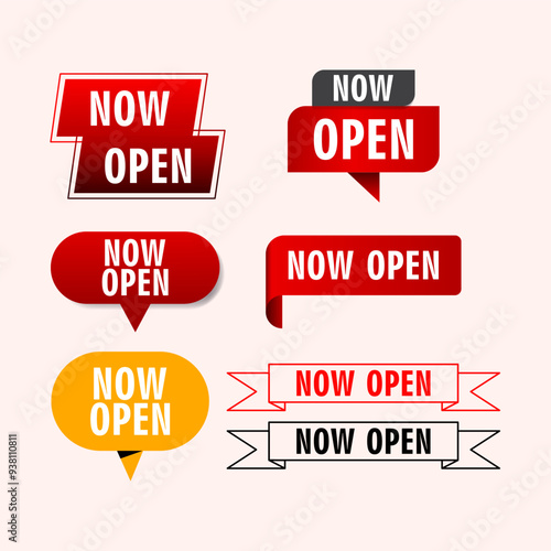 Now open tag, price tag sticker with offer message. Promotion new business icon simbol sign label badge vector design.
