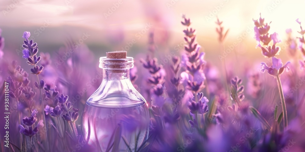 A glass bottle of lavender essential oil sits among a field of blooming purple lavender flowers. A glass bottle of lavender essential oil sits among a field of blooming purple lavender flowers.