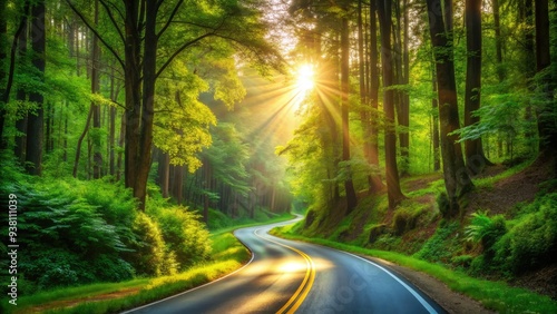 A serene and winding asphalt road stretches through a lush green forest, sunlight filtering through trees, creating a warm and inviting pathway to adventure.