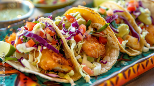 Baja-style fish tacos with beer-battered fillets, cabbage slaw, avocado crema, and pico de gallo on a beach-themed platter
