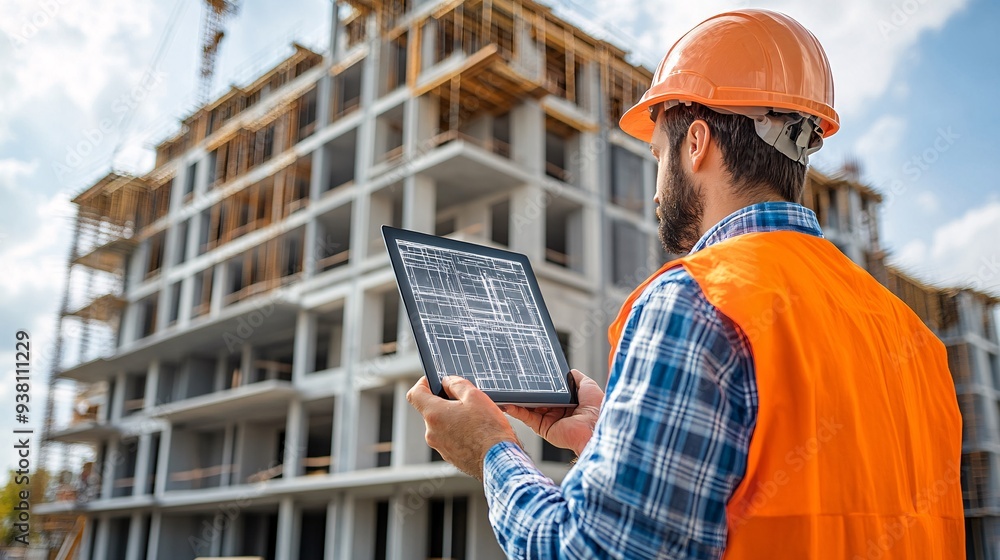 A construction professional using a handheld device to project a 3D hologram of the completed structure over the ongoing construction site checking for any deviations from the planned design Stock
