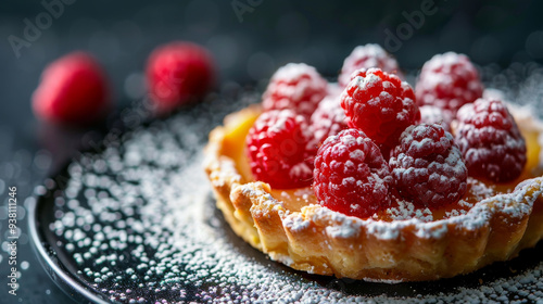 Mini lemon raspberry tartlet with buttery pastry, lemon curd, and fresh raspberries