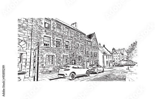 Print Building view with landmark of Stirling is the city in UK. Hand drawn sketch illustration in vector.