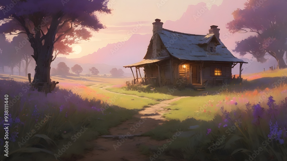 Cozy house at dusk, glowing warmly, surrounded by fields and nature Cozy house at dusk, glowing warmly, surrounded by fields and nature