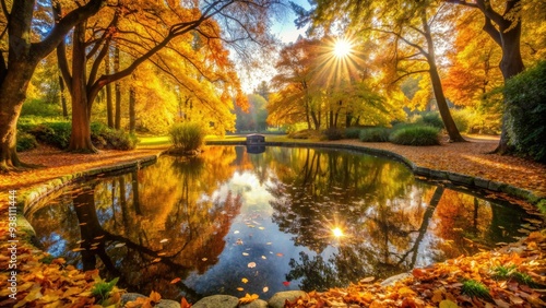 A serene autumn scene featuring a tranquil pool surrounded by fallen leaves and lush greenery, with warm sunlight casting a golden glow on the water.