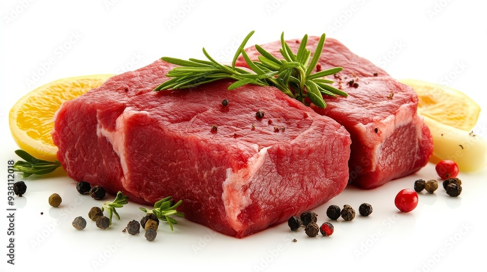 Two raw beef steaks with rosemary, peppercorns, and lemon slices isolated on white background. Two raw beef steaks with rosemary, peppercorns, and lemon slices isolated on white background.