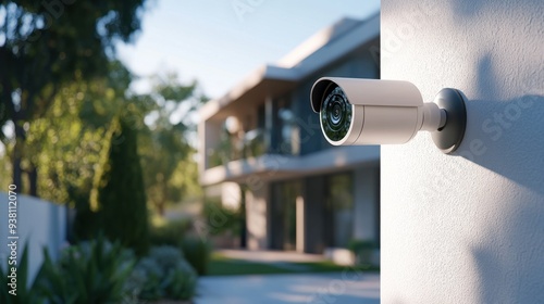 White smart home security camera mounted on the exterior wall of a modern house with a garden, close-up shot. No people