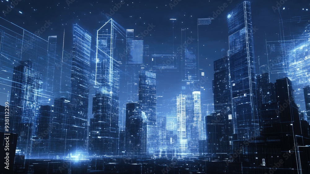 Futuristic cityscape with digital blueprints overlay Futuristic cityscape with digital blueprints overlay