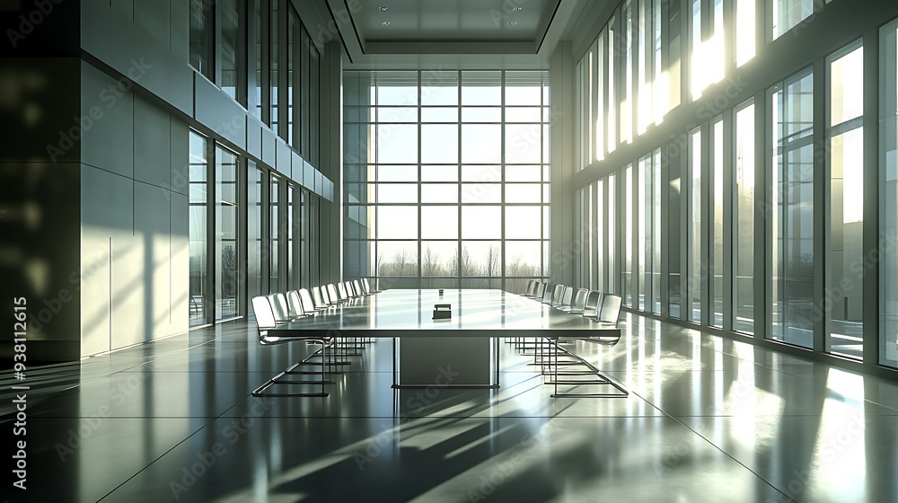 High-Tech Conference Room with Sharp Sunlit Shadows and Modern Design High-Tech Conference Room with Sharp Sunlit Shadows and Modern Design