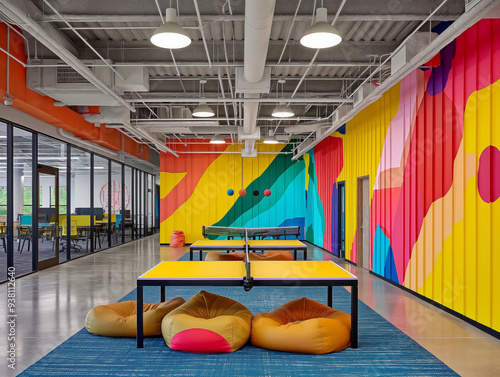 A colorful room with a mural on the wall and a ping pong table. The room is decorated with colorful pillows and bean bags photo