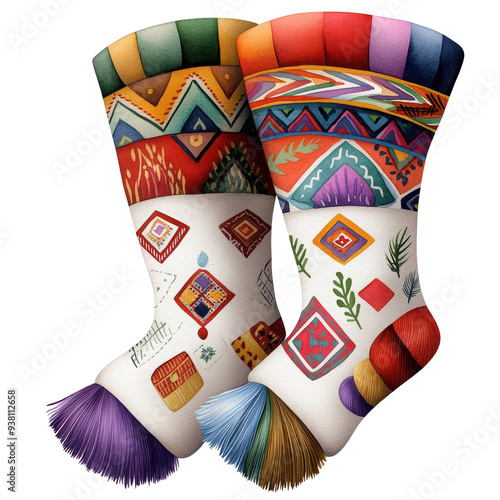 Colorful knitted socks with unique patterns and vibrant designs, perfect for winter fashion and cozy styling. photo