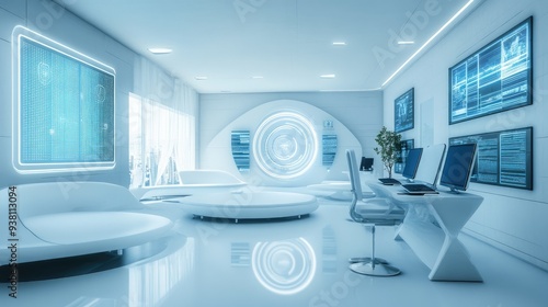 Futuristic study area with interactive screens