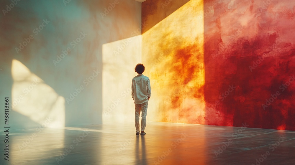 A designer standing in a partially furnished room using augmented reality to project different wall textures and floor materials onto the existing space demonstrating functionality and style Stock A designer standing in a partially furnished room using augmented reality to project different wall textures and floor materials onto the existing space demonstrating functionality and style Stock