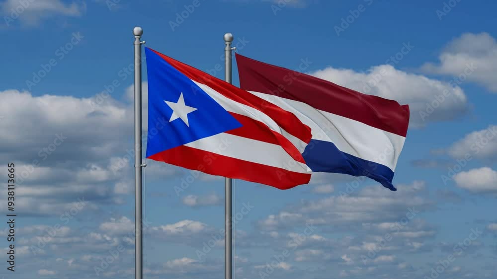 Netherlands and Puerto Rico flags flying together, video concept of the relationship, two country relations concept Netherlands and Puerto Rico flags flying together, video concept of the relationship, two country relations concept