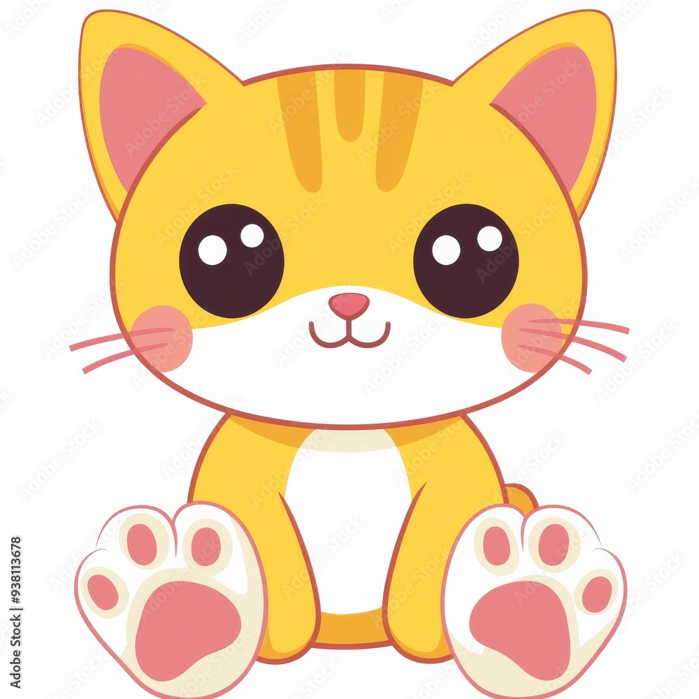 Fototapeta premium A colorful cartoon of a cheerful yellow cat sitting comfortably