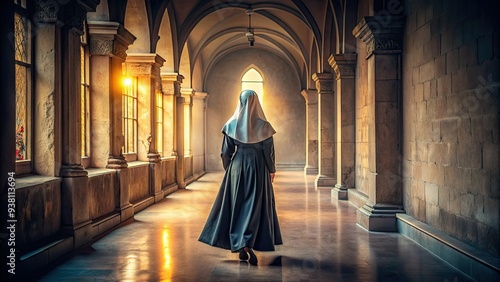 A serene nun in a traditional habit walks alone down a dimly lit, ornate hallway of an ancient monastery, evoking feelings of peace and contemplation.