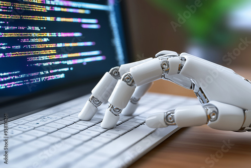 Close-up of a white robotic hand typing on a keyboard, with a computer screen displaying code in the background photo