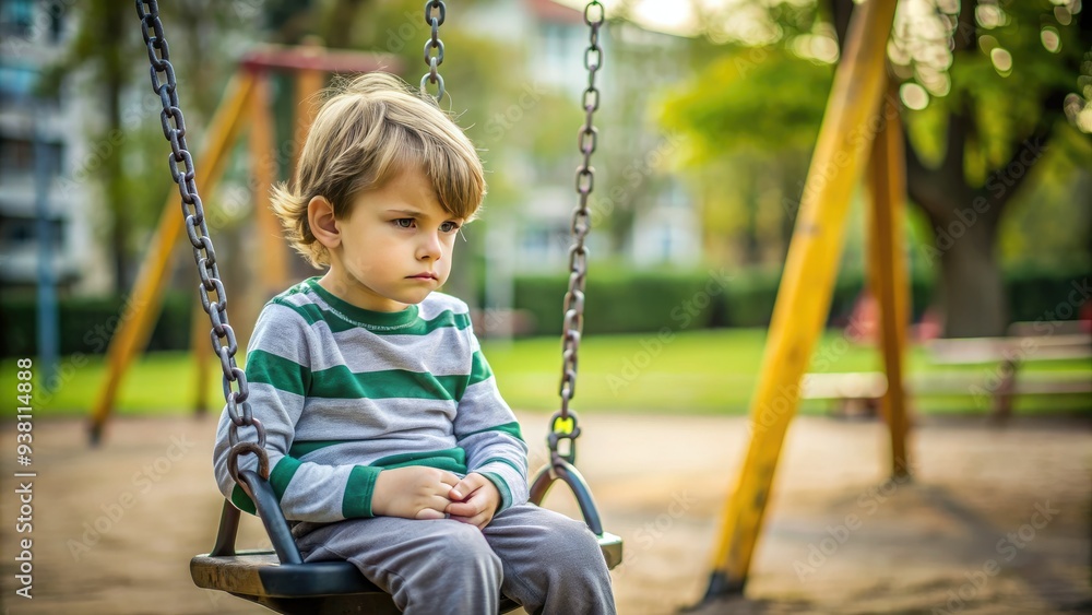 A serious and upset young boy sitting alone on a swing, looking unamused and disconnected from the joyful atmosphere of the playground around him. A serious and upset young boy sitting alone on a swing, looking unamused and disconnected from the joyful atmosphere of the playground around him.