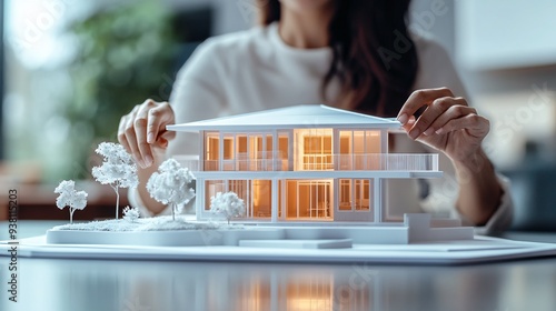 An architect at a sleek workstation adjusting a 3D hologram of a building blueprint while colleagues work on similar holographic models nearby demonstrating a high-tech collaborative environment photo