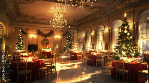 Illustration of a glamorous holiday party venue with elegant decor.