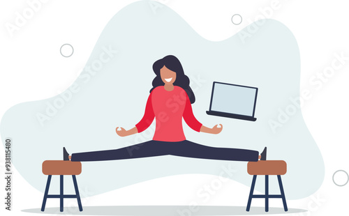 businesswoman working with laptop computer stretching her leg between chairs balance like yoga.flat design with people.
