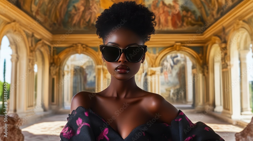 Fototapeta premium Elegant Black Supermodel Posing at Classic Italian Villa