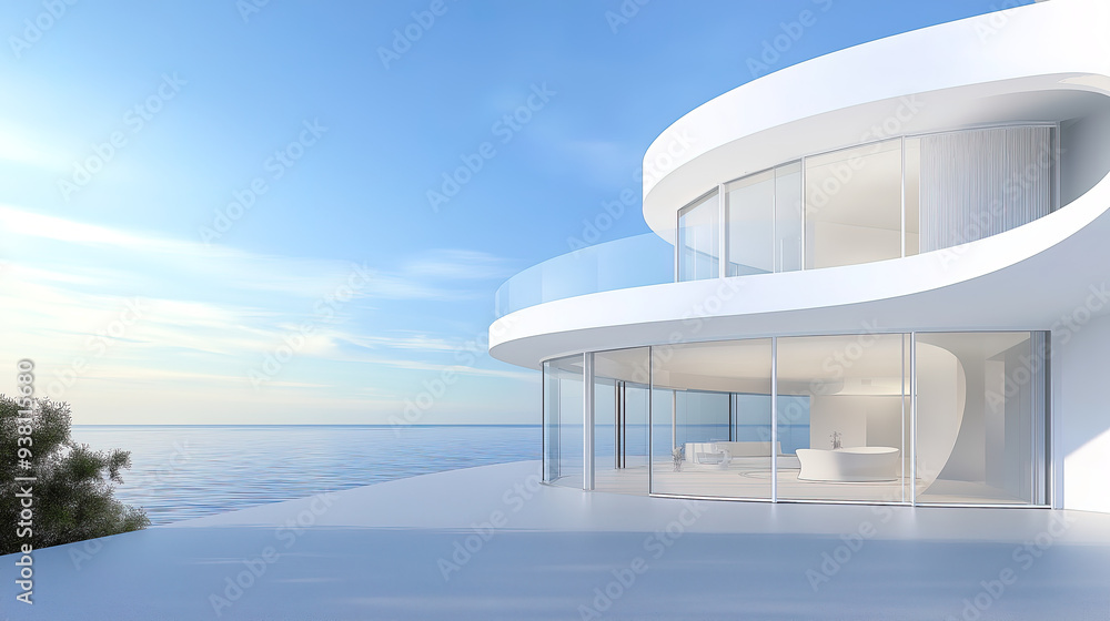 Fototapeta premium White luxury modern villa with beautiful sea view, minimalist curve line design, scene for car presentation