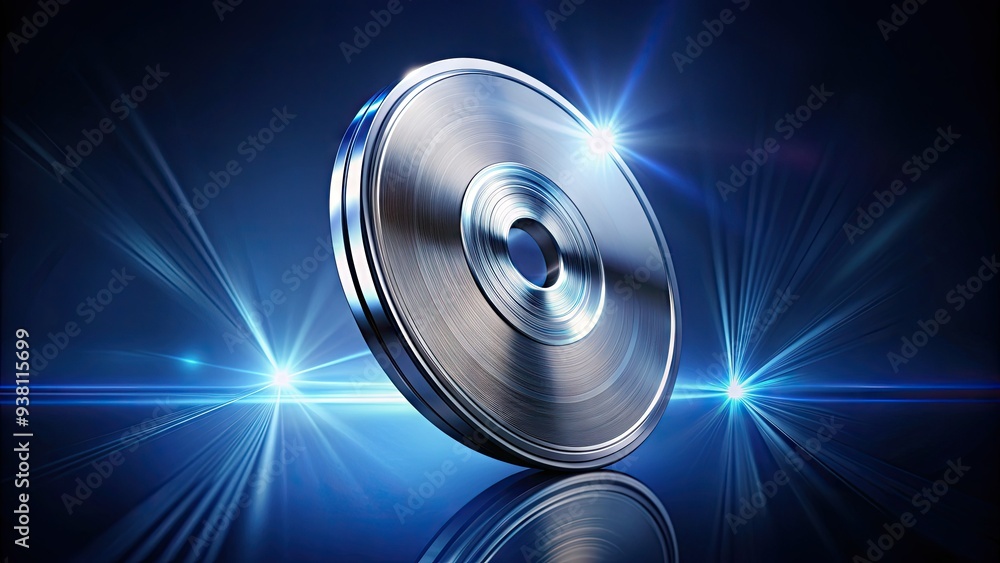 A shimmering silver 3D disc rotates against a dark blue background with subtle gradient effect, emitting bright white light and futuristic ambiance. A shimmering silver 3D disc rotates against a dark blue background with subtle gradient effect, emitting bright white light and futuristic ambiance.