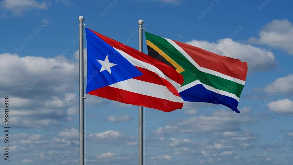 Republic of South Africa and Puerto Rico flags flying together, video concept of the relationship, two country cooperation concept Republic of South Africa and Puerto Rico flags flying together, video concept of the relationship, two country cooperation concept
