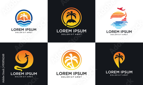 sun logo and travel logo collection, palm tree and sea logo set