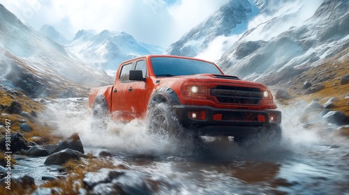 Extreme Off-Roading: Pickup Truck on Rocky Terrain