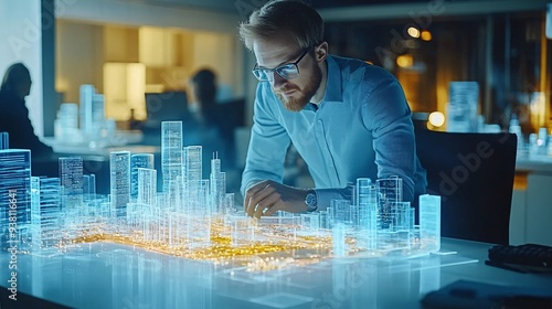 A professional working on a 3D holographic model of a cityscape in an open-concept office surrounded by others engaged in similar high-tech projects Stock Photo with copy space