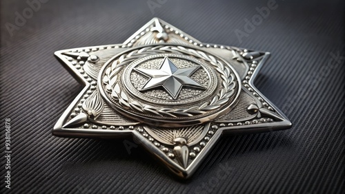 A shiny silver badge with a prominent star at its center, adorned with intricate designs and engravings, symbolizing authority and law enforcement pride. photo