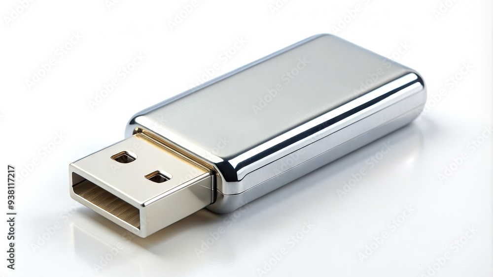 A shiny silver USB flash drive stands upright on a clean white background, its connector and cap gleaming in the light, awaiting data transfer duties. A shiny silver USB flash drive stands upright on a clean white background, its connector and cap gleaming in the light, awaiting data transfer duties.