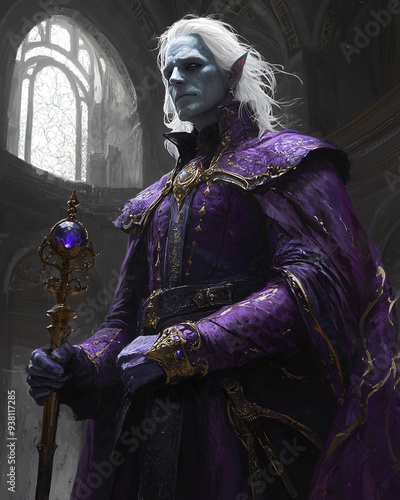 a drow man in purple robes holding a staff in a gothic cathedral