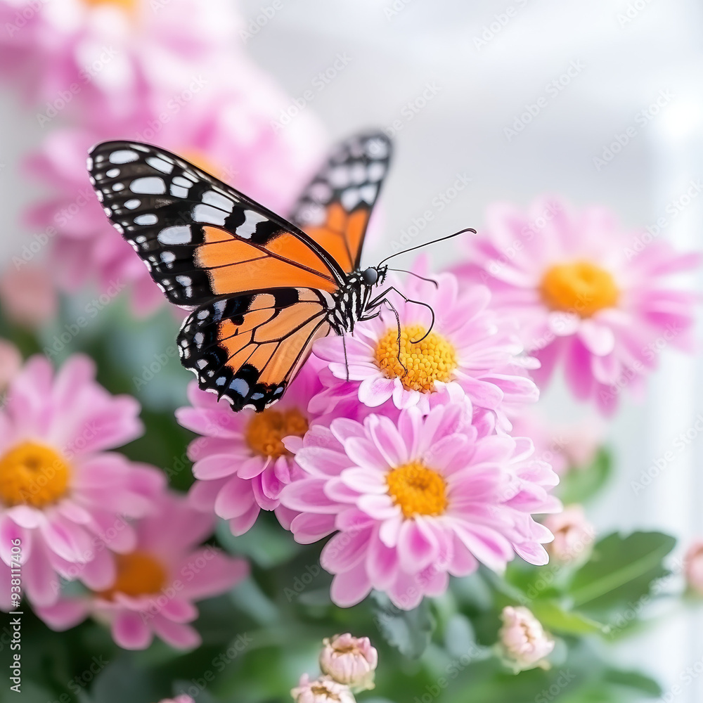 A vibrant butterfly perched on blooming pink flowers, showcasing nature's beauty and delicate details in a serene setting. A vibrant butterfly perched on blooming pink flowers, showcasing nature's beauty and delicate details in a serene setting.