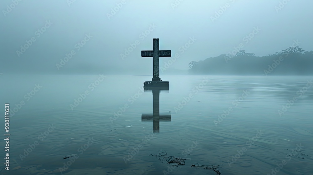 A lone cross with a perfect reflection stands in still water on a foggy morning, surrounded by serene, calm waters, evoking quiet, contemplative emotions. A lone cross with a perfect reflection stands in still water on a foggy morning, surrounded by serene, calm waters, evoking quiet, contemplative emotions.