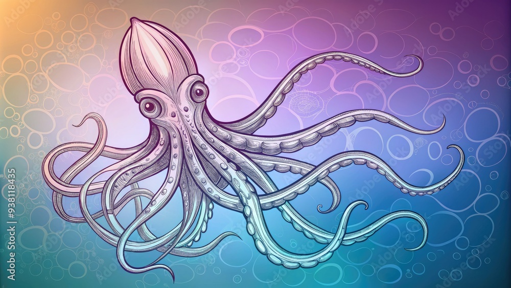 A Simple Line Drawing Sketch Of A Squid With Long Tentacles And An Abstract Background. A Simple Line Drawing Sketch Of A Squid With Long Tentacles And An Abstract Background.