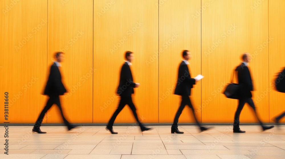 A group of men walking down a street, some of them carrying briefcases A group of men walking down a street, some of them carrying briefcases