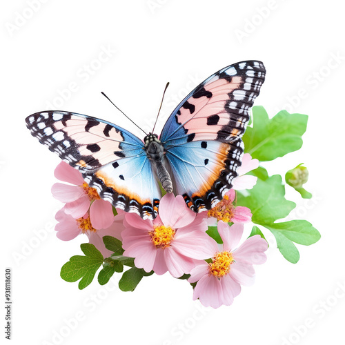 A vibrant butterfly perched on delicate pink flowers, showcasing beauty and color in nature.