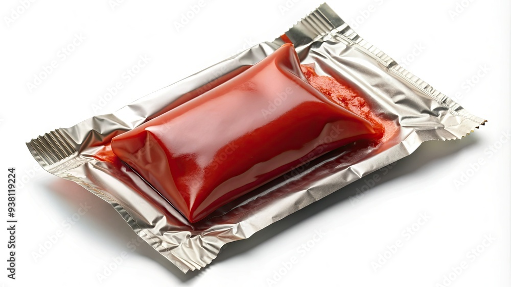 A single, solitary red ketchup packet sits isolated on a clean, white background, its foil wrapper crinkled and ready for condimental use. A single, solitary red ketchup packet sits isolated on a clean, white background, its foil wrapper crinkled and ready for condimental use.