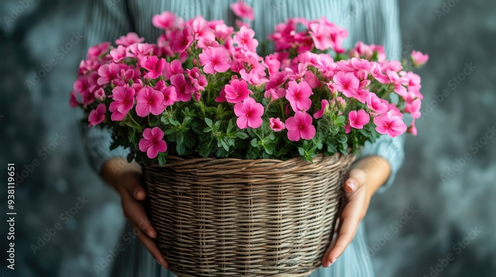 Woman Holding Wicker Basket with Pink Flowers Woman Holding Wicker Basket with Pink Flowers