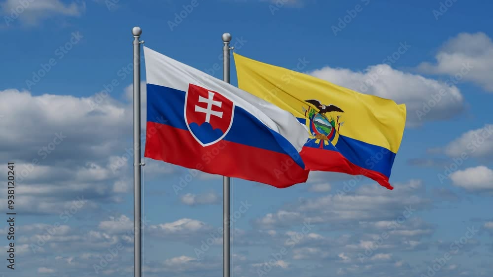 Ecuador and Slovakia flags flying together, video concept of the relationship, two country relations concept Ecuador and Slovakia flags flying together, video concept of the relationship, two country relations concept