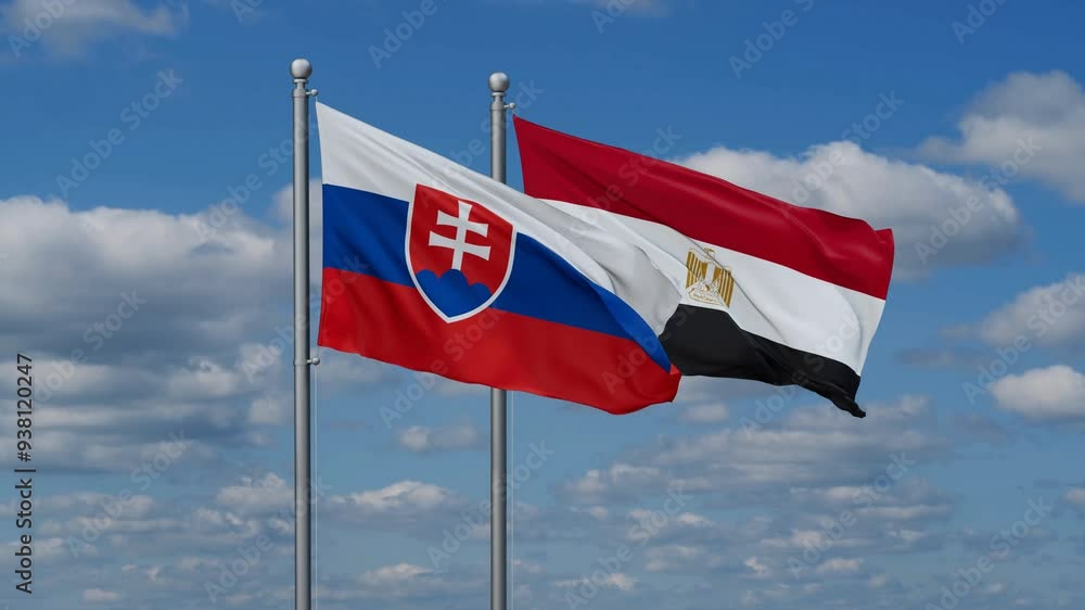 Egypt and Slovakia flags flying together, video concept of the relationship, two country relations concept Egypt and Slovakia flags flying together, video concept of the relationship, two country relations concept